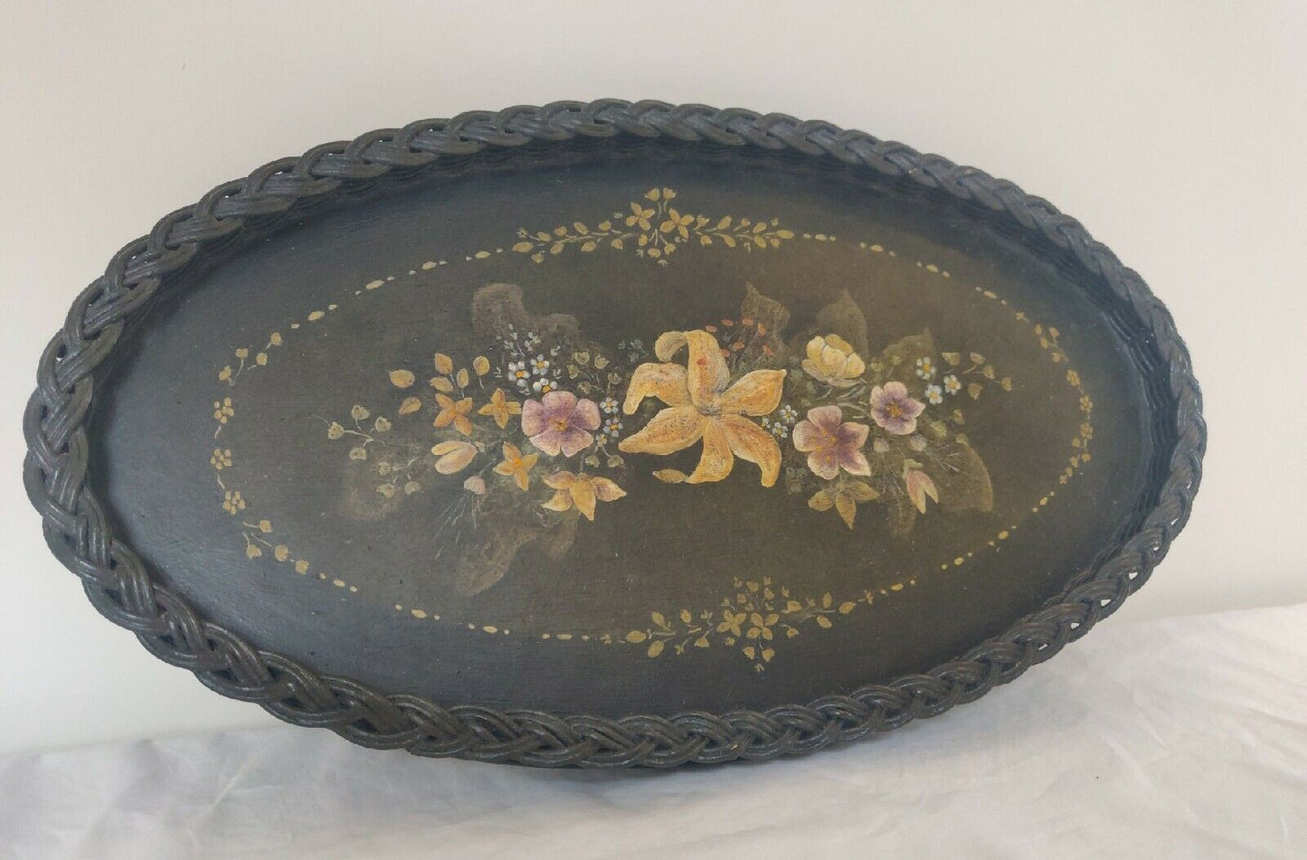 Hand Painted Tray Victorian Serving Black Lacquer Floral Postage Available