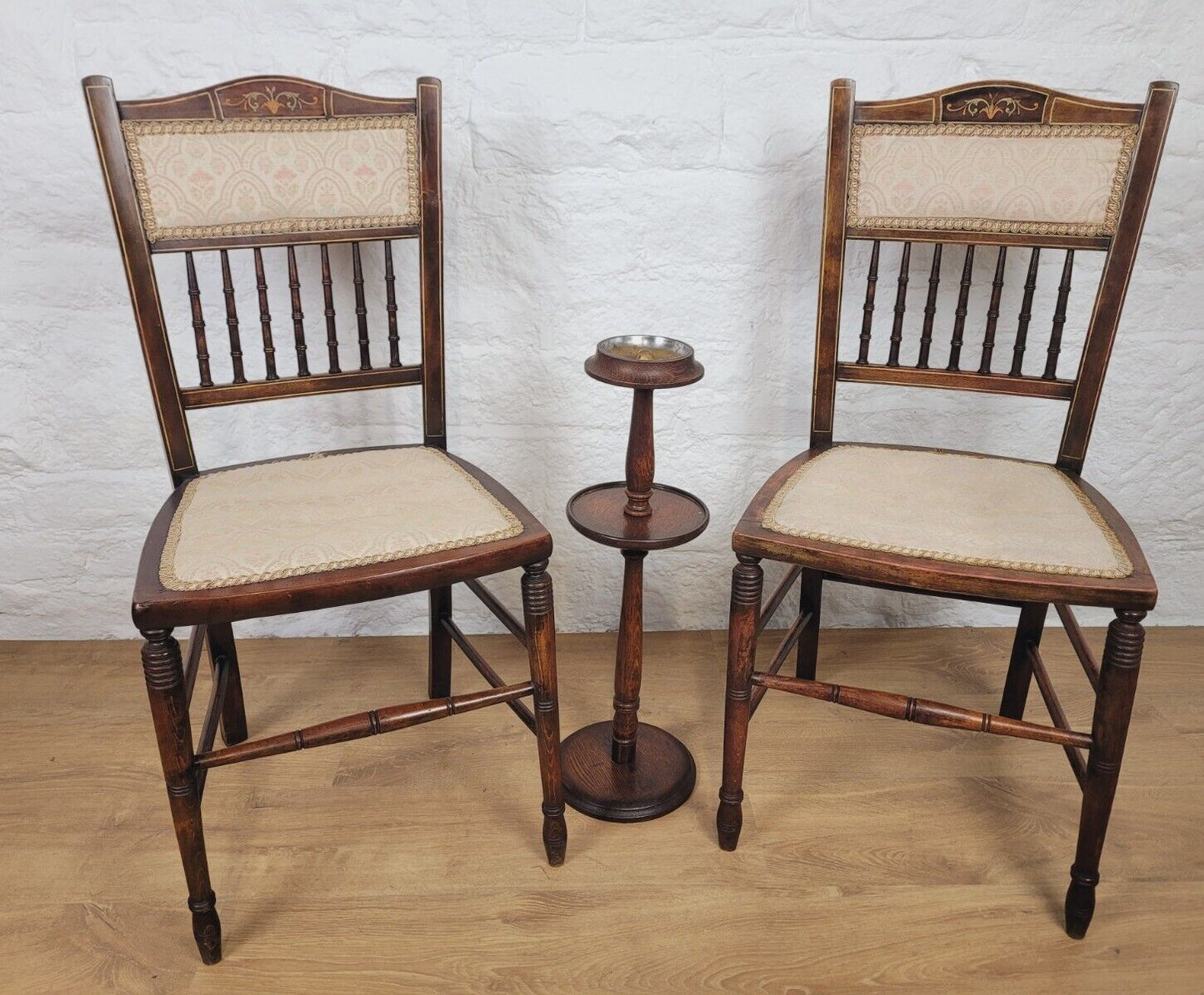 Victorian Inlaid Bedroom Chairs Pair Spindle Back Upholstered Postage Available