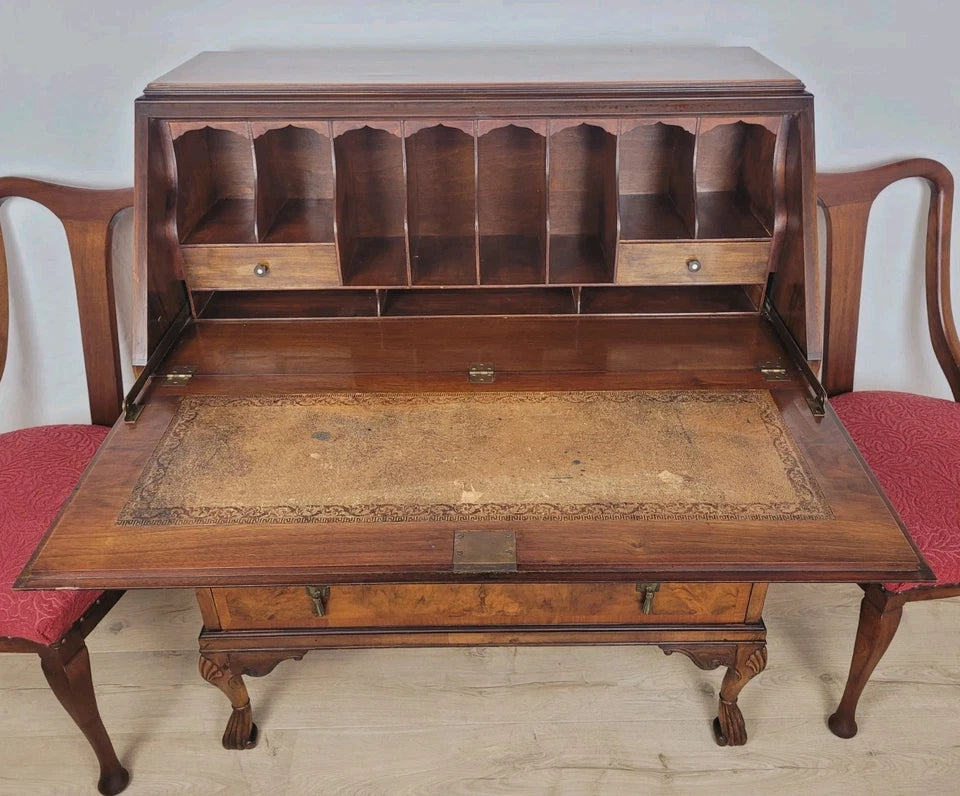 Walnut Writing Bureau Desk Vintage Leather Mid Century Carved Delivery Available