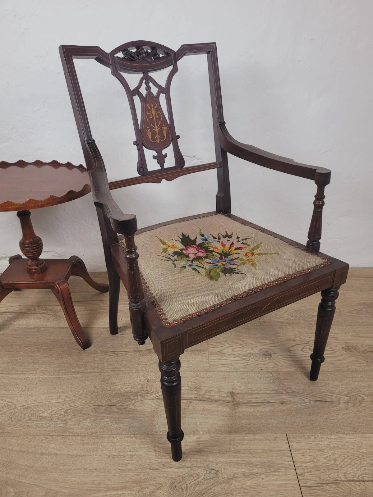 Edwardian Armchair Bedroom Inlaid Motif Carved Floral Postage Available