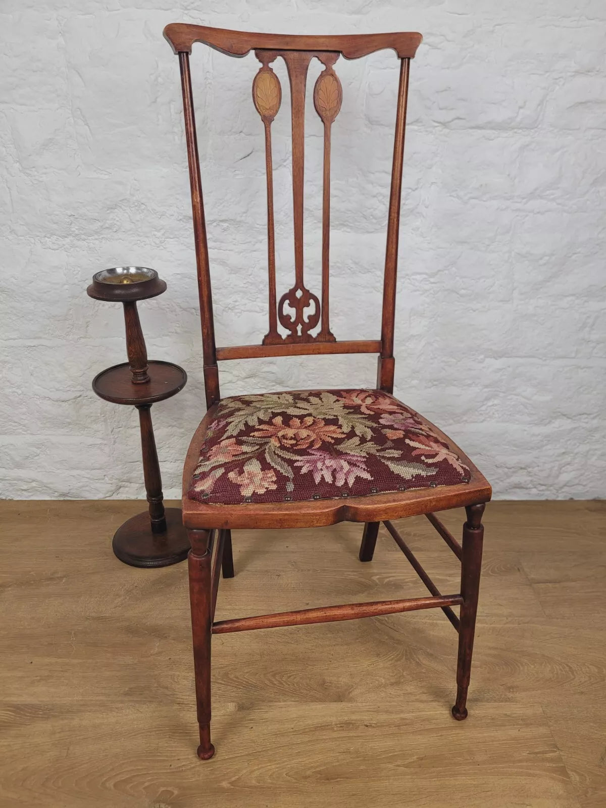 Edwardian Bedroom Chair Inlaid Motif Needlepoint Splatback Postage Available