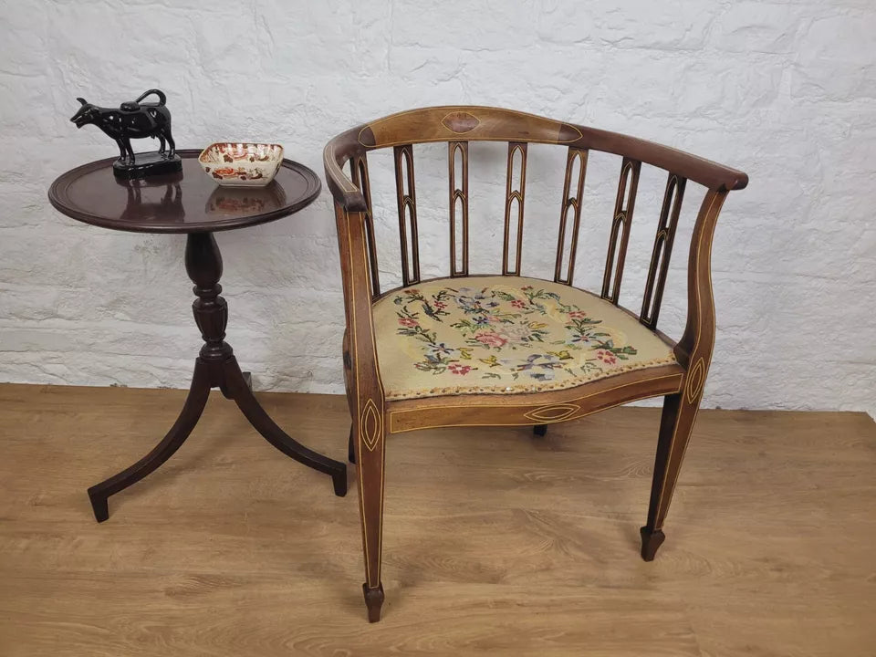 Edwardian Hoop Tub Armchair Inlaid Needlepoint English Oak Postage Available