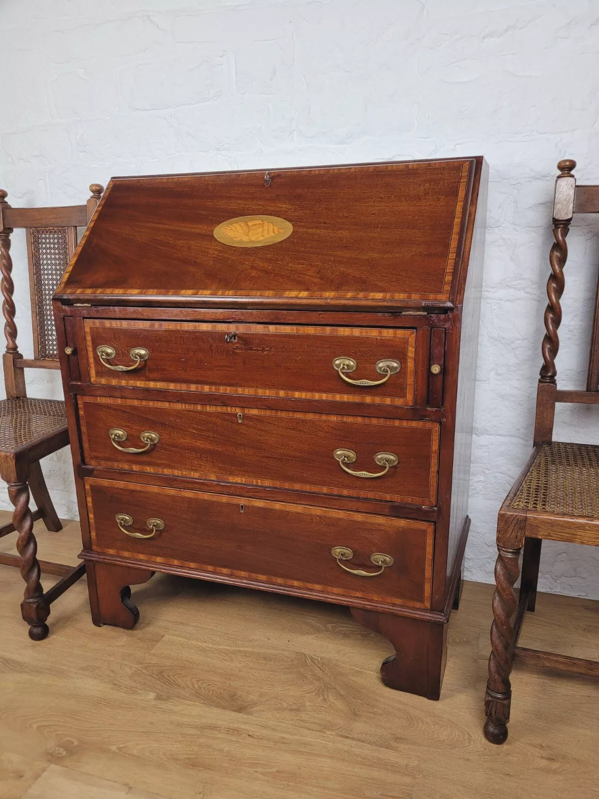 Edwardian Writing Bureau Shell Motif Satinwood Crossbanded Delivery Available