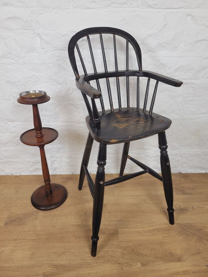 Childs Windsor High Chair 19thC Ebonised Stick Back Postage Available