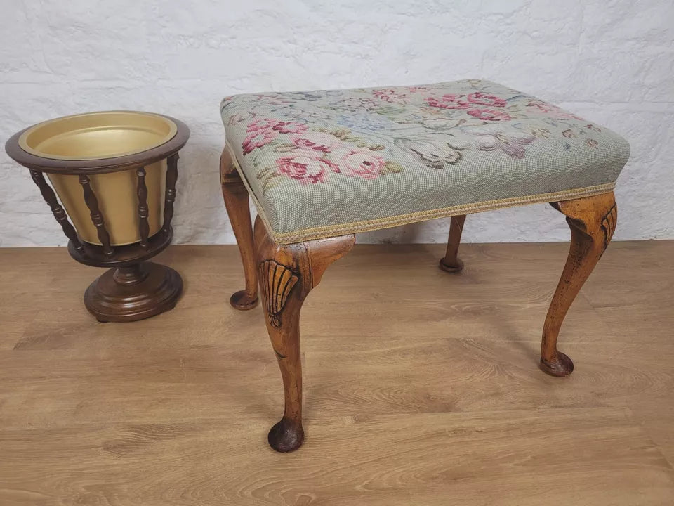 Walnut Dressing Stool Shell Carved Queen Anne Legs Tapestry Postage Available