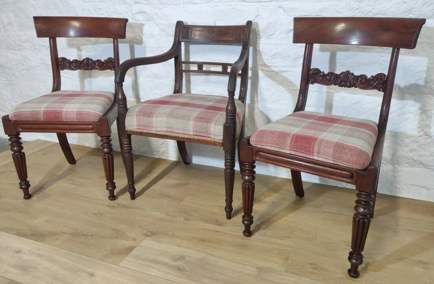 William IV Dining Chairs Set Tweed Carver Foliage Carvings Postage Available