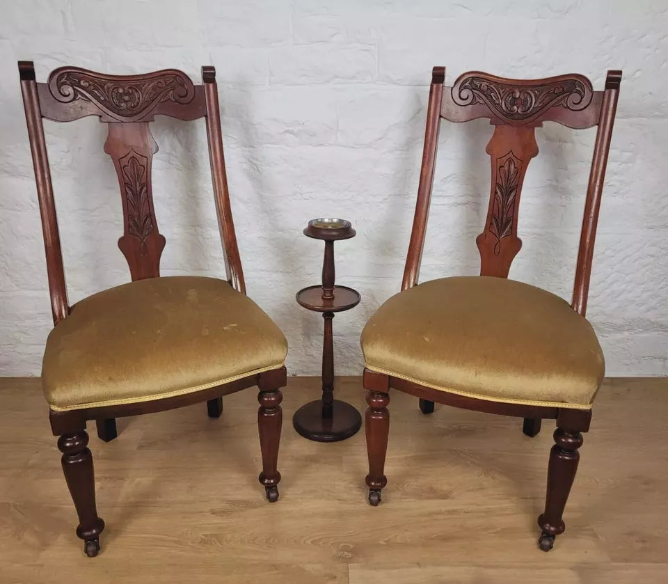 Victorian Dining Chairs Pair Carved Castor Sprung Seat English Postage Available