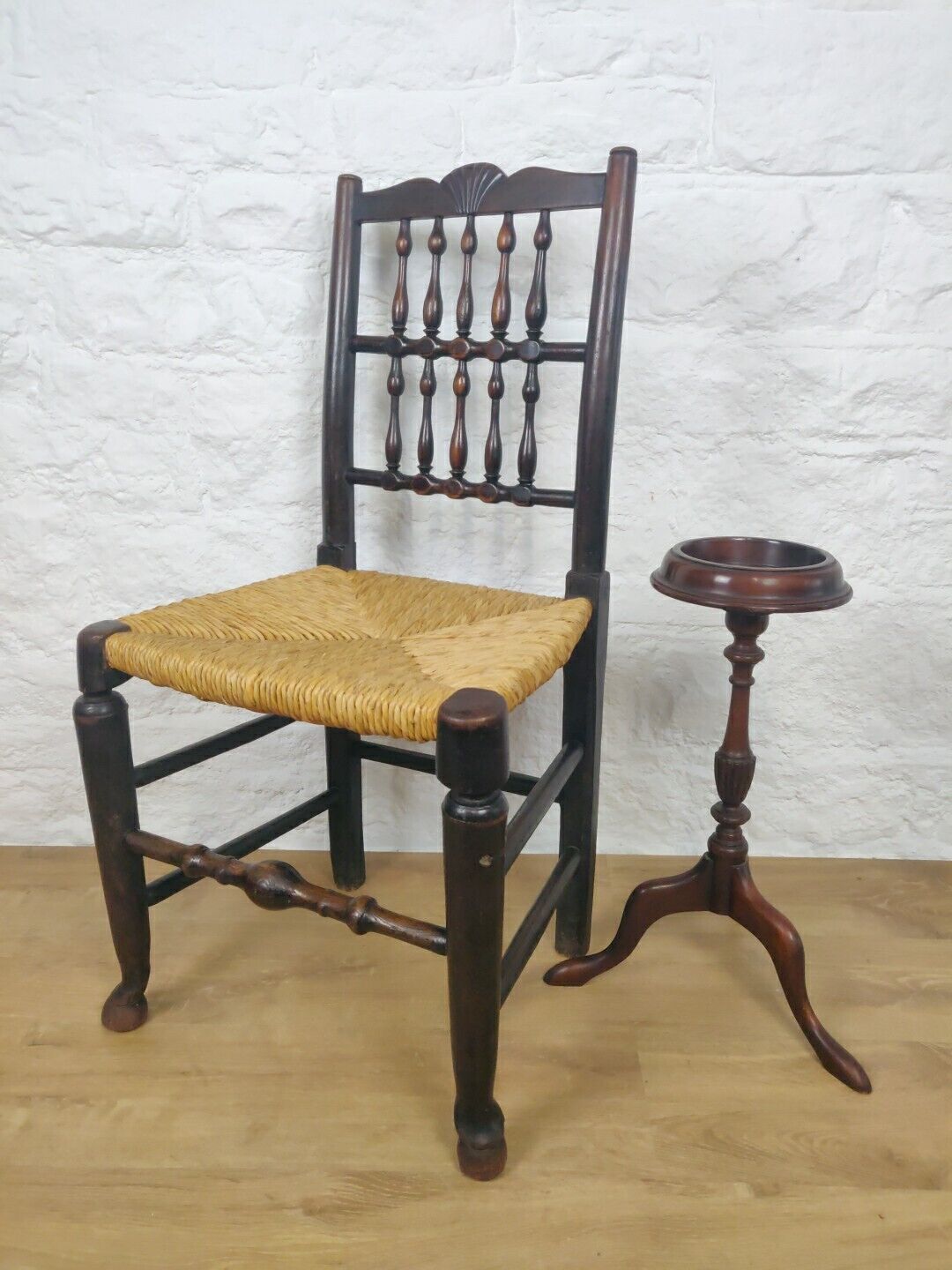 Lancashire Spindle Back Chair Rush Seat Carved Oak 19thC Postage Available