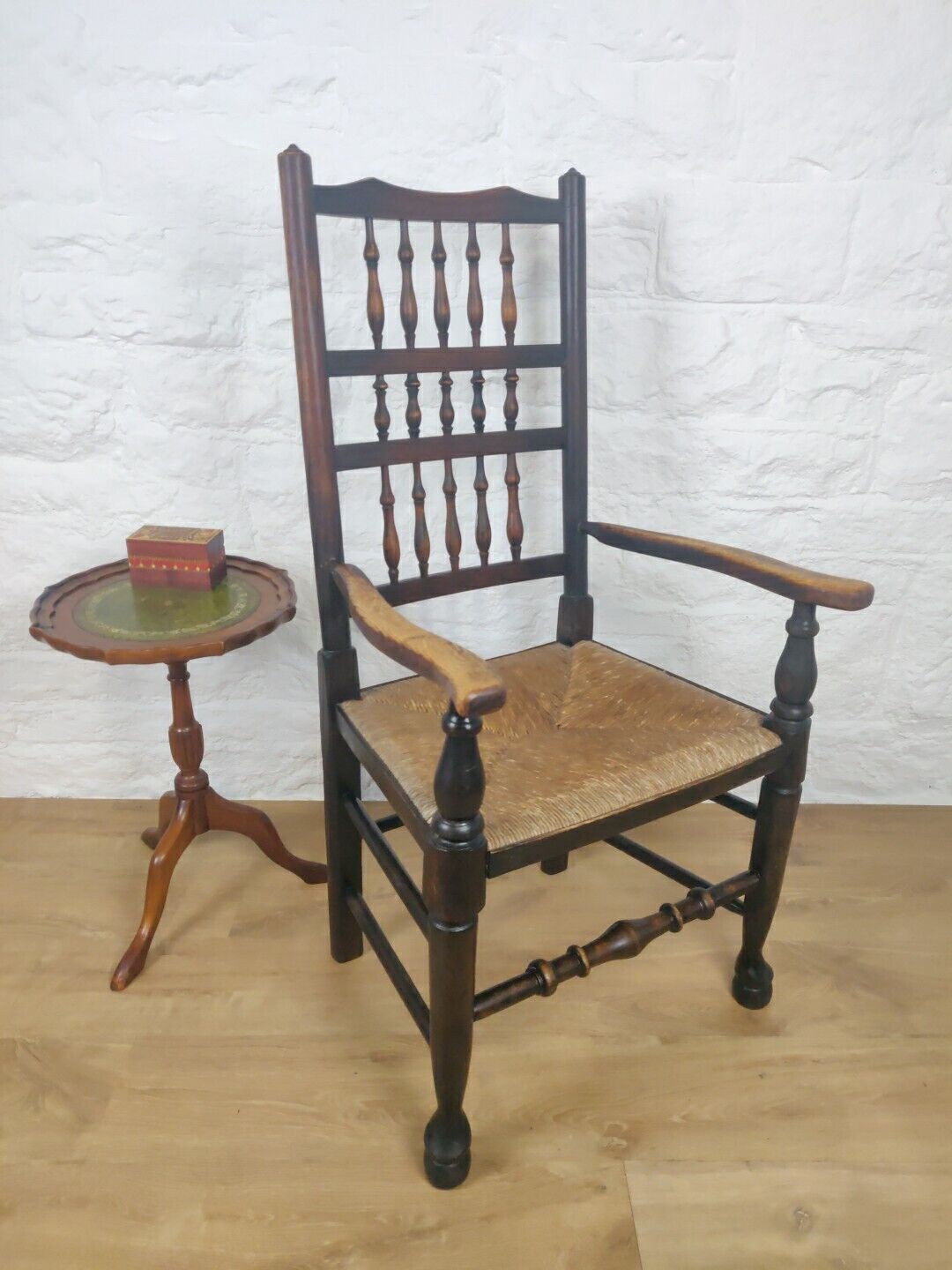 Elm Edwardian Armchair Rush Seat Spindle Back Country Antique Postage Available