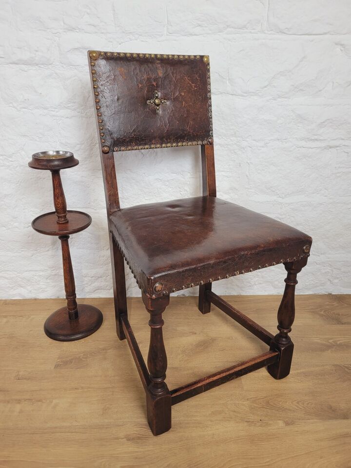 18th Century Hall Chair Mahogany Leather Brass Studded Postage Available