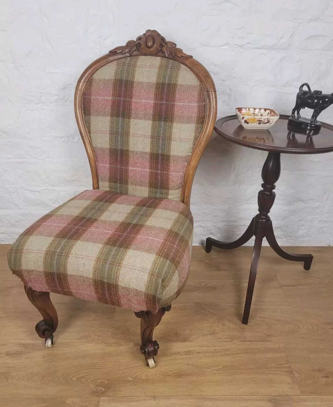 Walnut Nursing Chair Victorian Castors Tartan Carved Foliage Postage Available