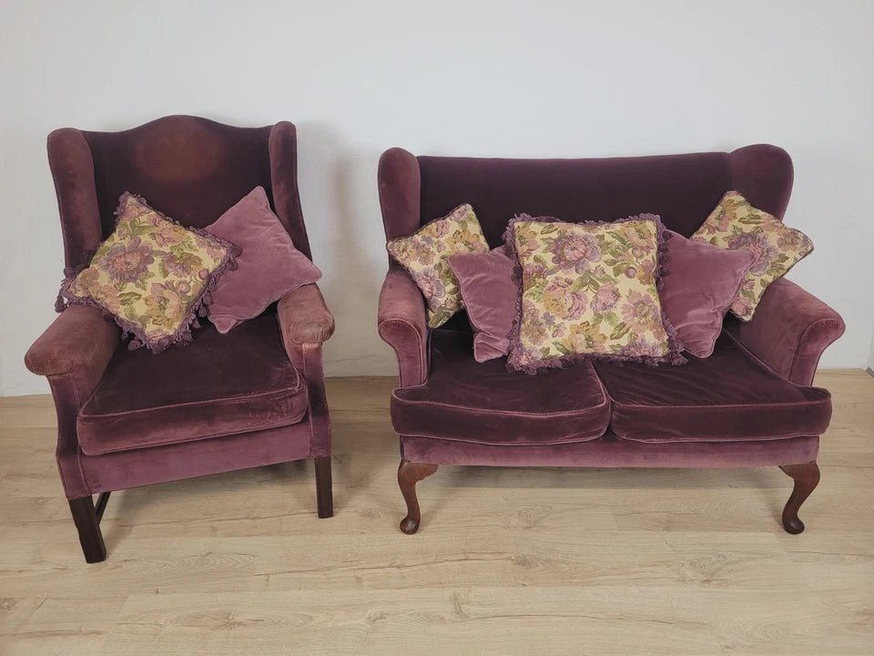 Victorian Wingback Armchair Velvet Purple 19thC Upholstered Delivery Available