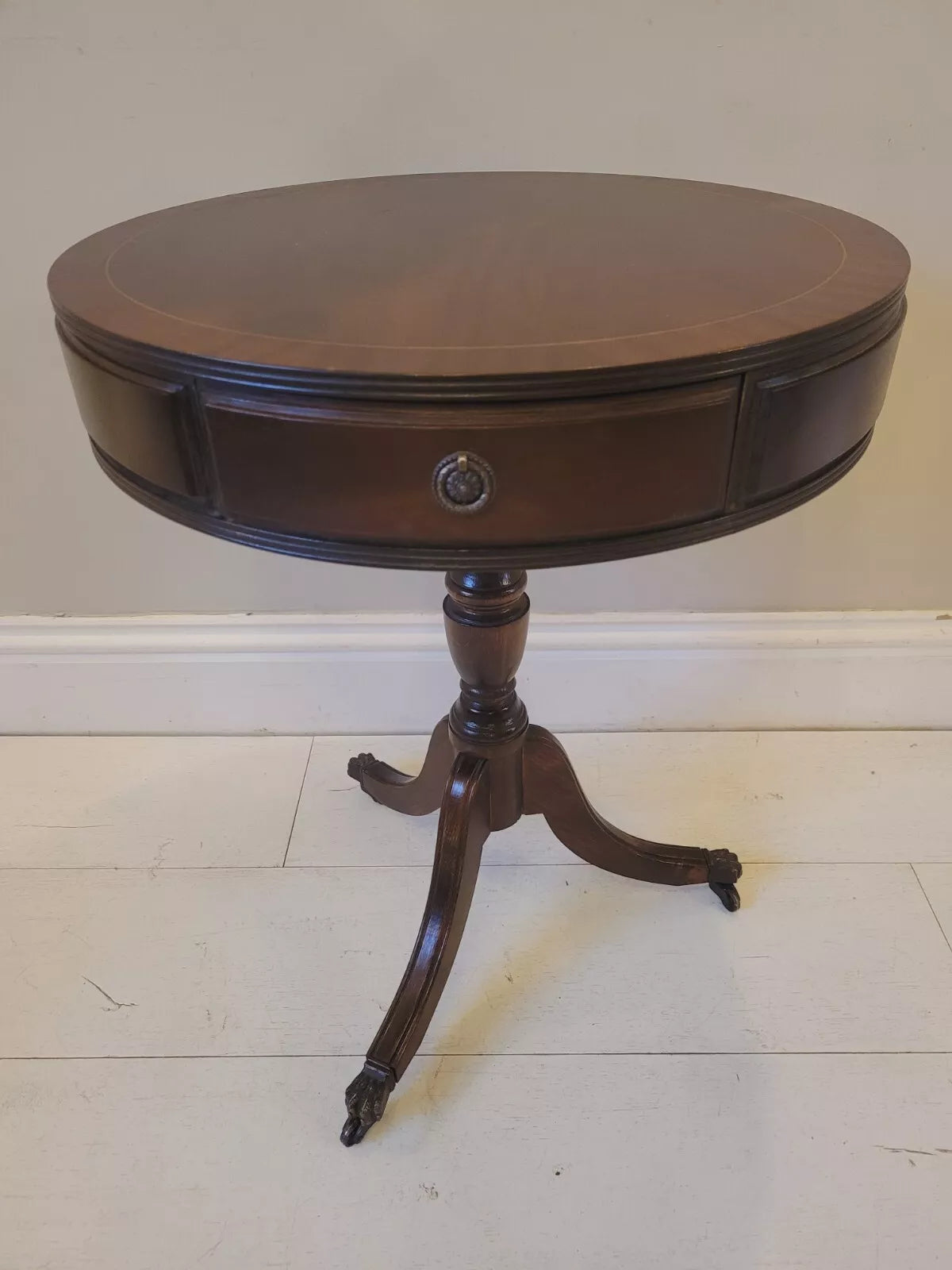 Drum Side Table Round Reproduction Inlaid Paw Castors Drawers Postage Available