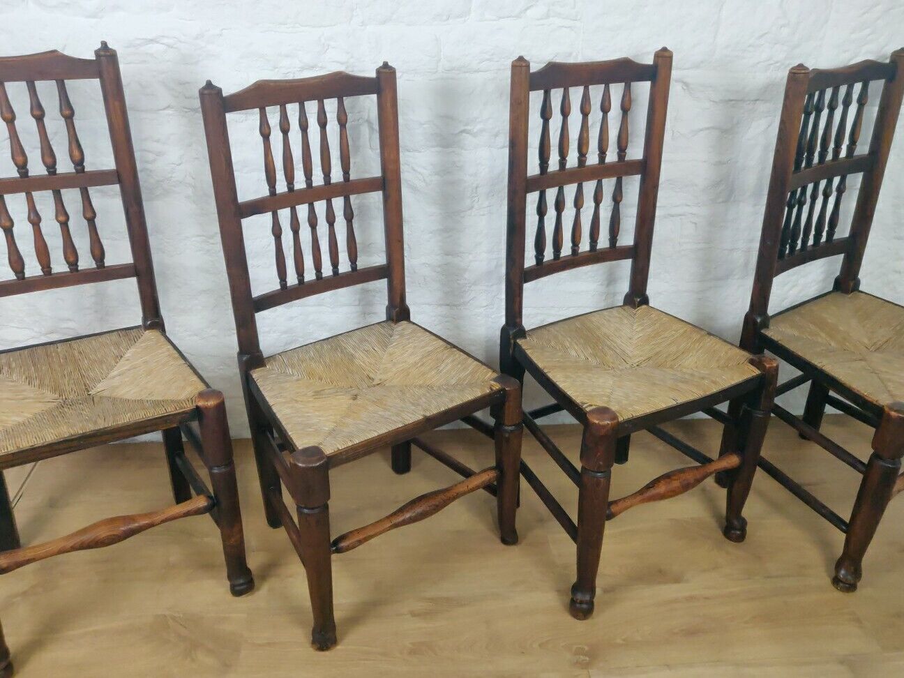 Dining Chairs Set Of 4 Rush Seat Oak 19th Century Spindle Back Postage Available