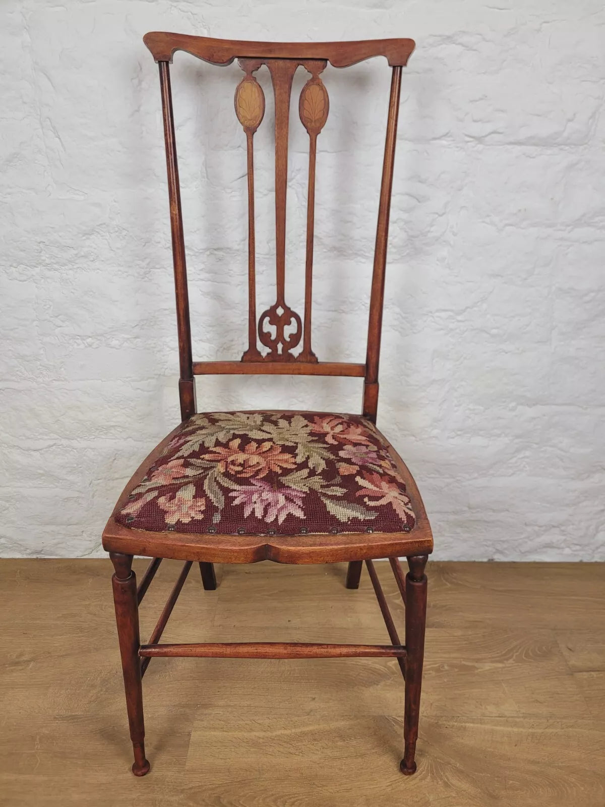 Edwardian Bedroom Chair Inlaid Motif Needlepoint Splatback Postage Available