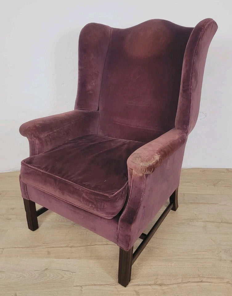 Victorian Wingback Armchair Velvet Purple 19thC Upholstered Delivery Available