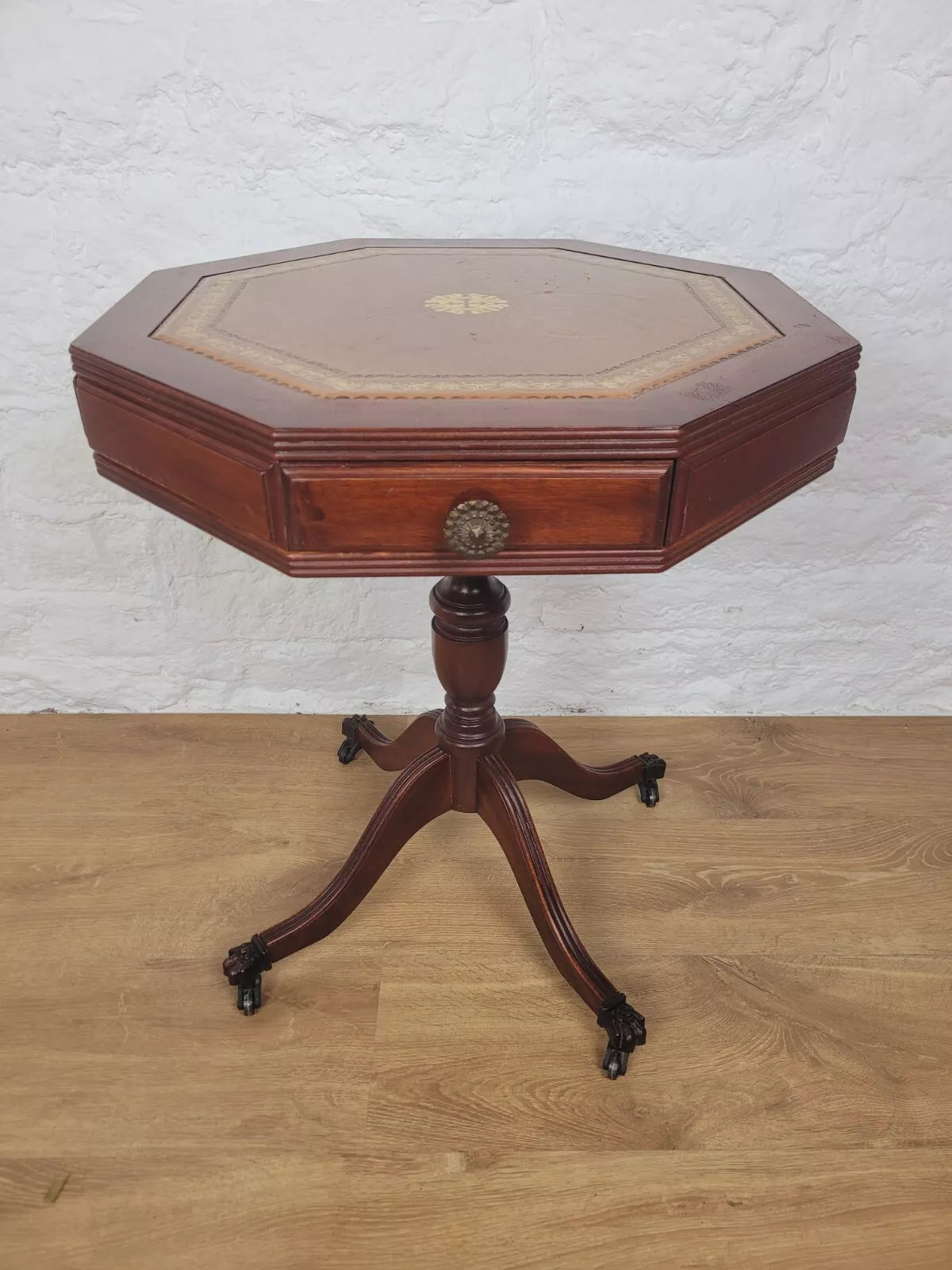 Octagonal Drum Side Table Leather Gilt Castors Drawers Antique Postage Available