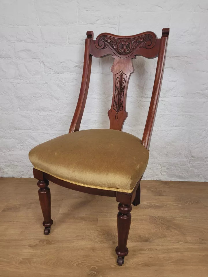 Victorian Dining Chairs Pair Carved Castor Sprung Seat English Postage Available