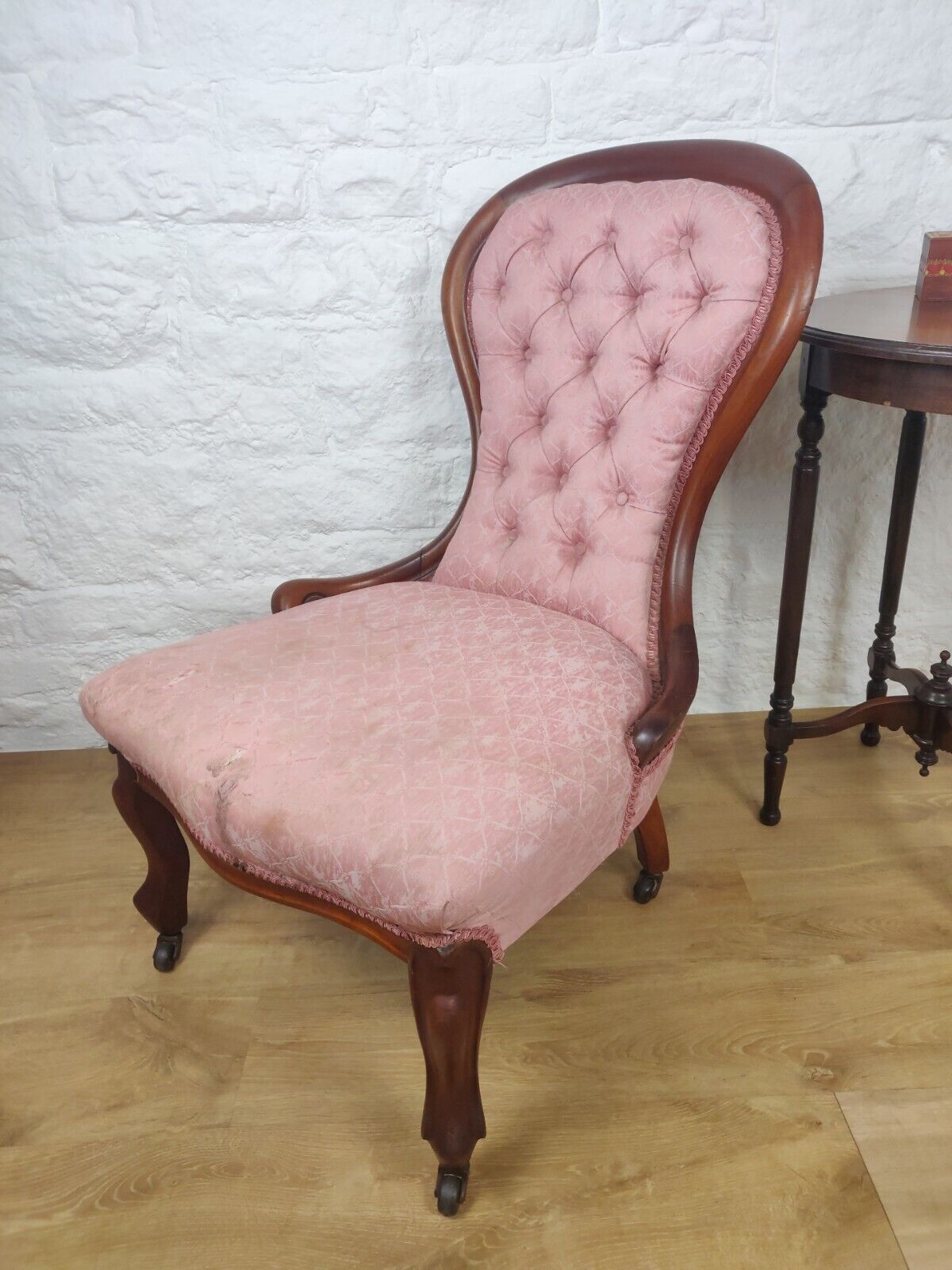 Victorian Nursing Chair Castors Button Back Pink Cabriole Legs Postage Available