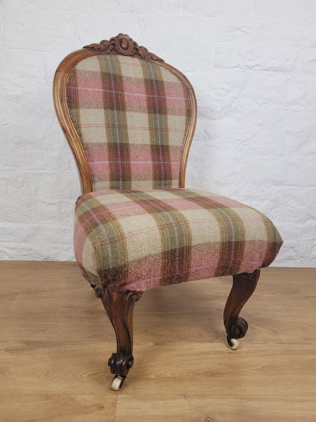 Walnut Nursing Chair Victorian Castors Tartan Carved Foliage Postage Available