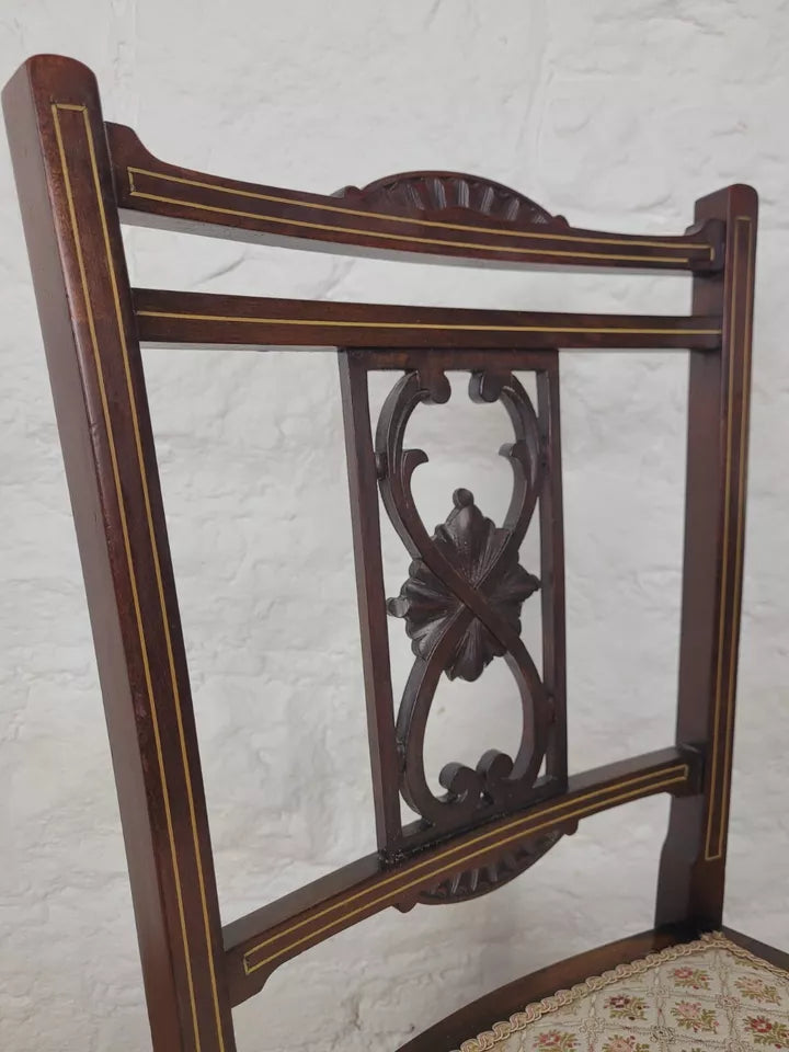 Edwardian Bedroom Chair Carved Splat Inlaid Floral Upholstered Postage Available