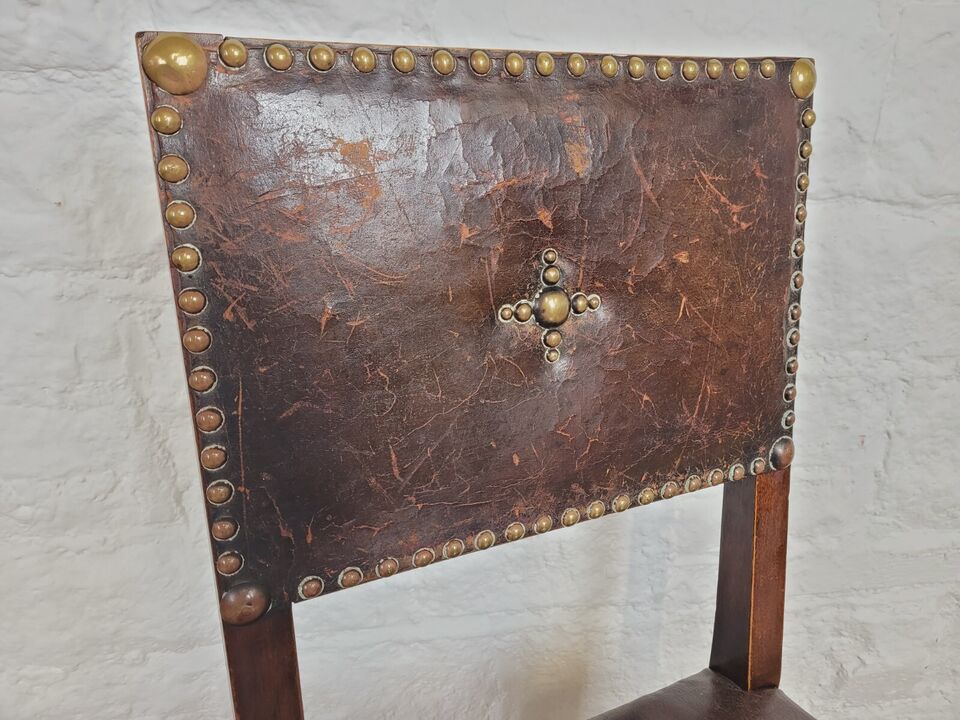 18th Century Hall Chair Mahogany Leather Brass Studded Postage Available