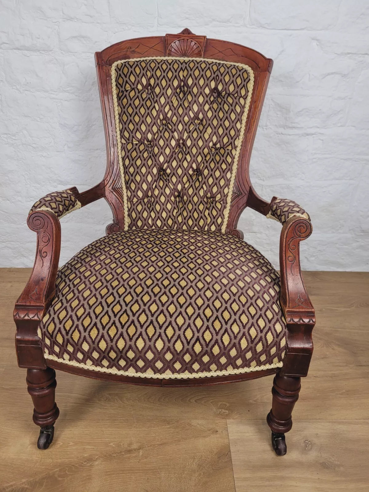 Victorian Armchair Carved Sunburst Button Back Sprung Seat Delivery Available