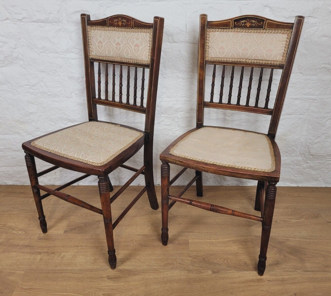 Victorian Inlaid Bedroom Chairs Pair Spindle Back Upholstered Postage Available