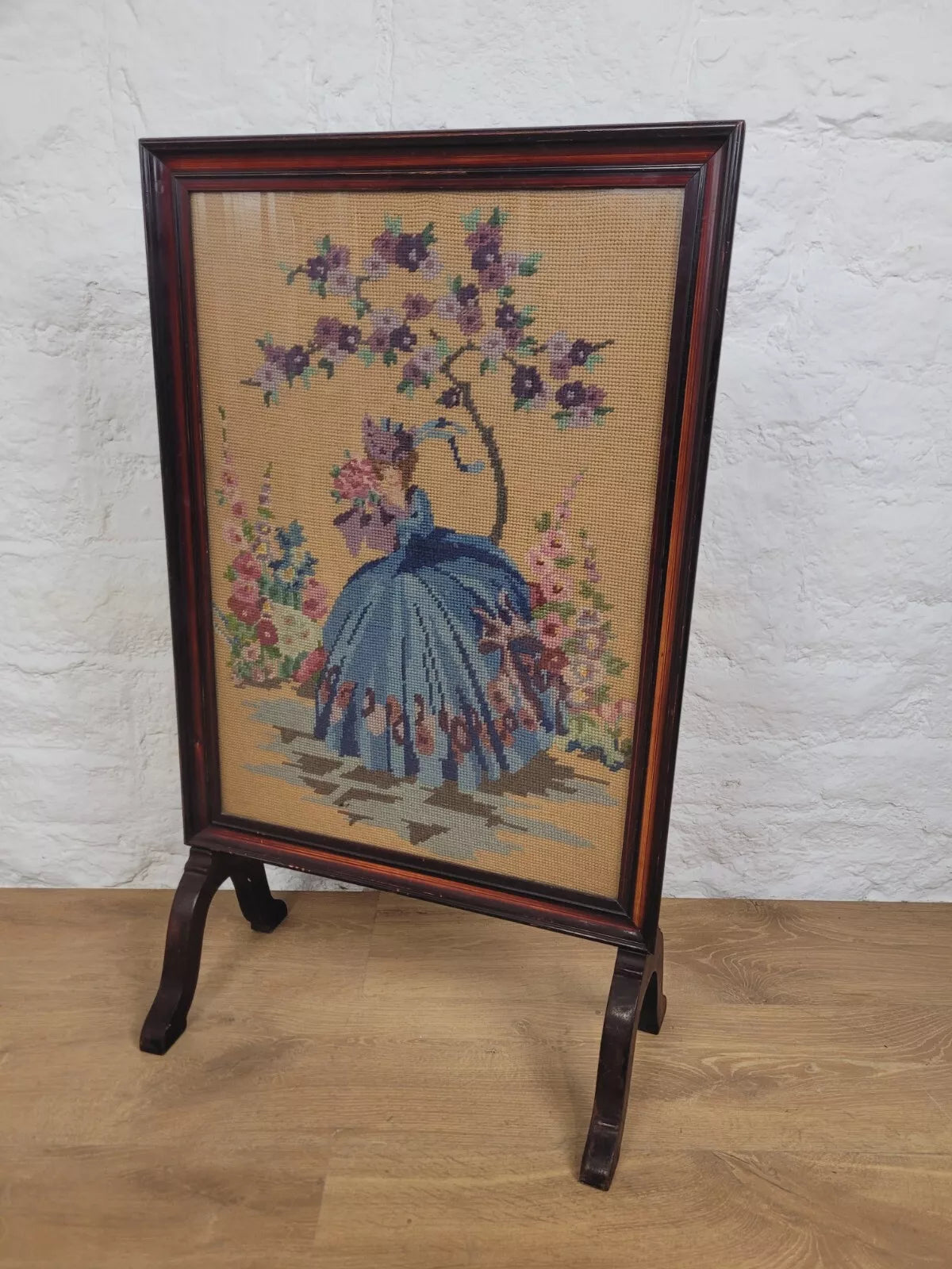 Victorian Fire Screen Needlepoint Lady 19th Century Mahogany Postage Available