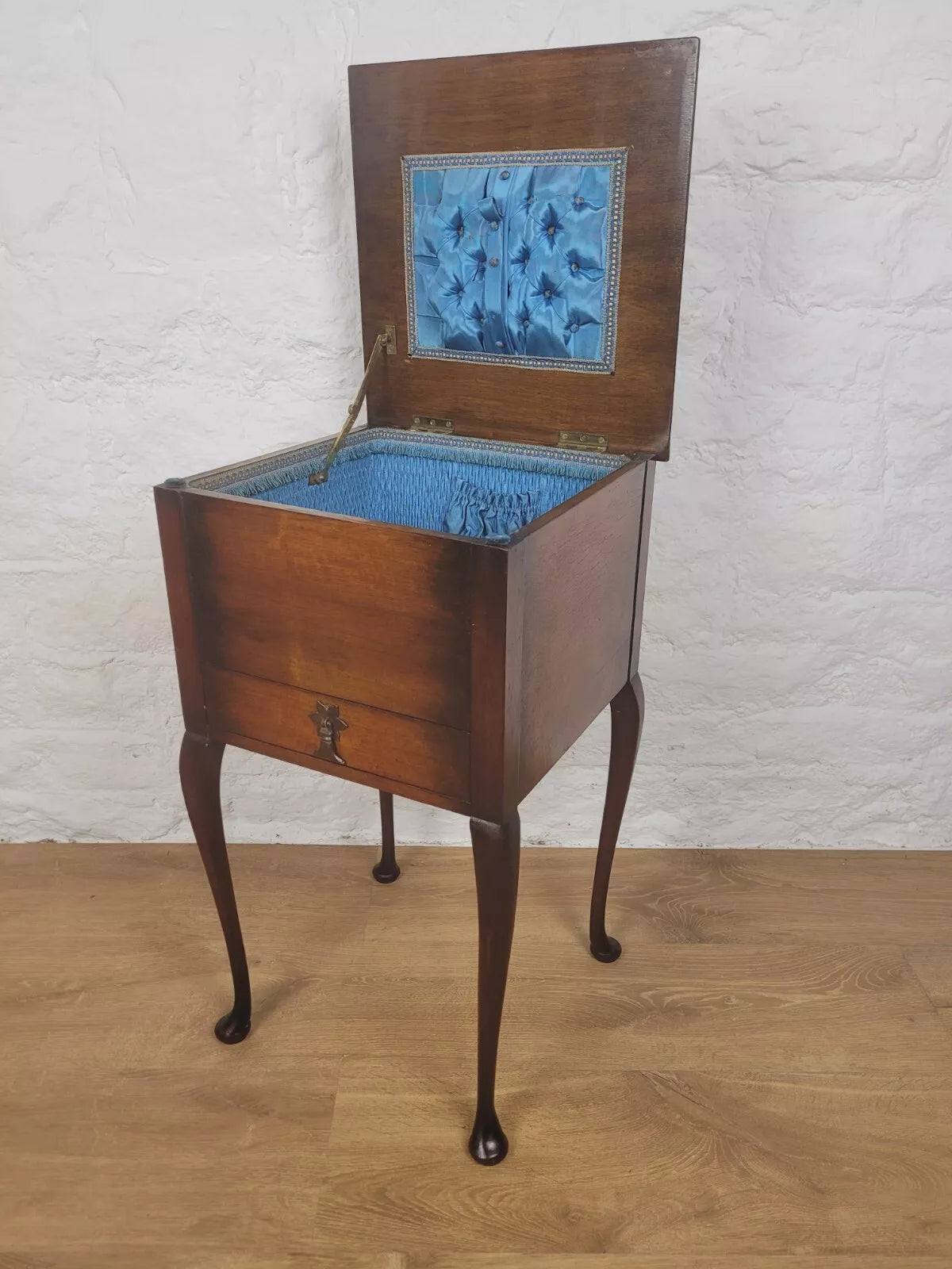 Victorian Sewing Box Blue Drawer Cabriole Legs Antique Postage Available