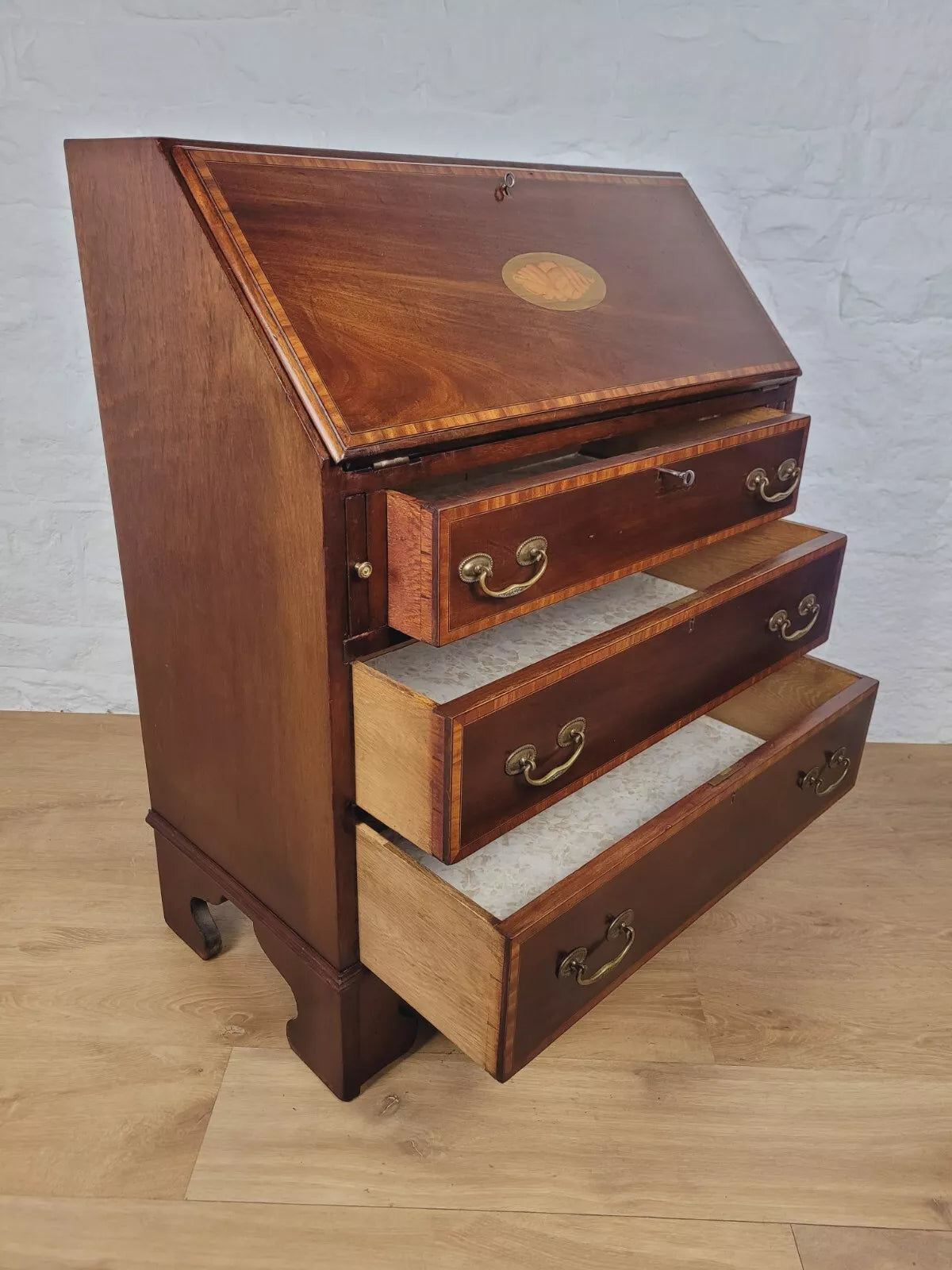 Edwardian Writing Bureau Shell Motif Satinwood Crossbanded Delivery Available