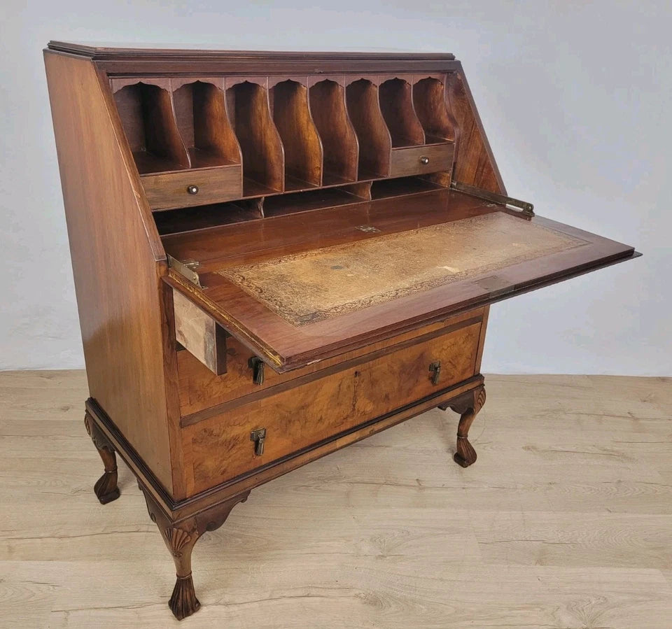 Walnut Writing Bureau Desk Vintage Leather Mid Century Carved Delivery Available