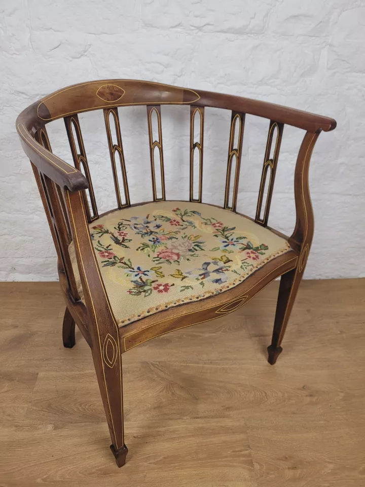 Edwardian Hoop Tub Armchair Inlaid Needlepoint English Oak Postage Available