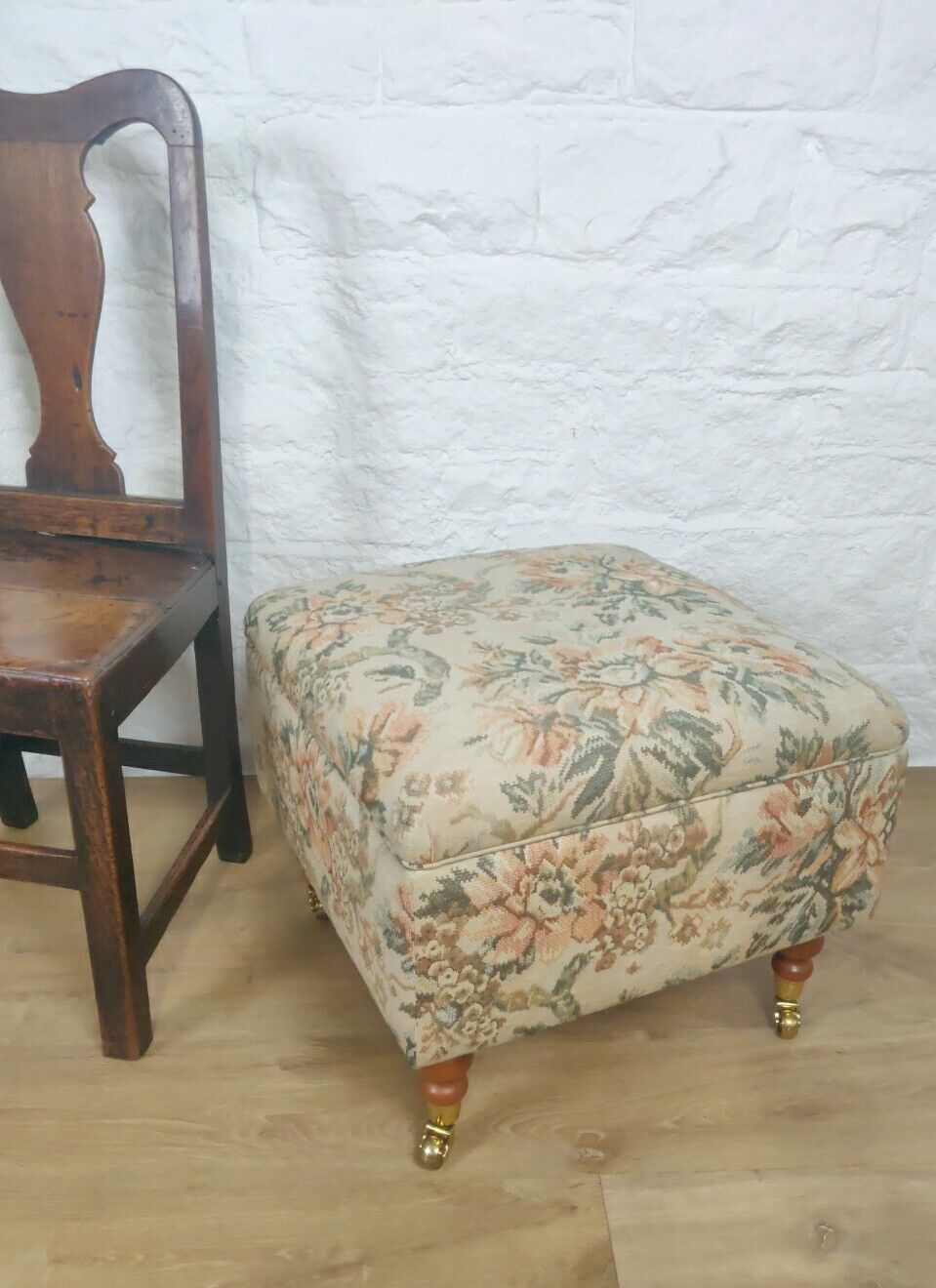 Upholstered Floral Footstool Oak Metal Rolling Castors Country Postage Available