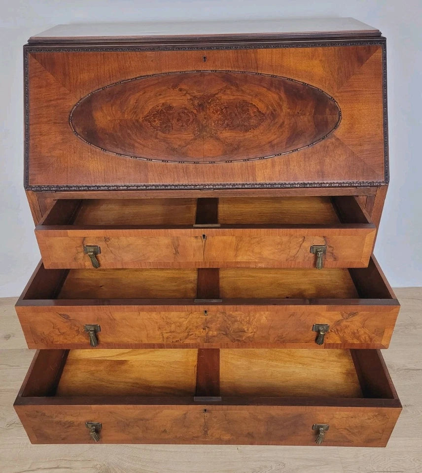 Walnut Writing Bureau Desk Vintage Leather Mid Century Carved Delivery Available