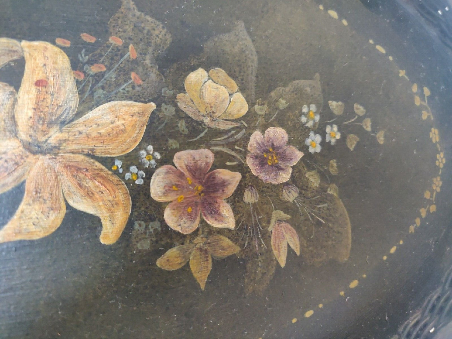 Hand Painted Tray Victorian Serving Black Lacquer Floral Postage Available