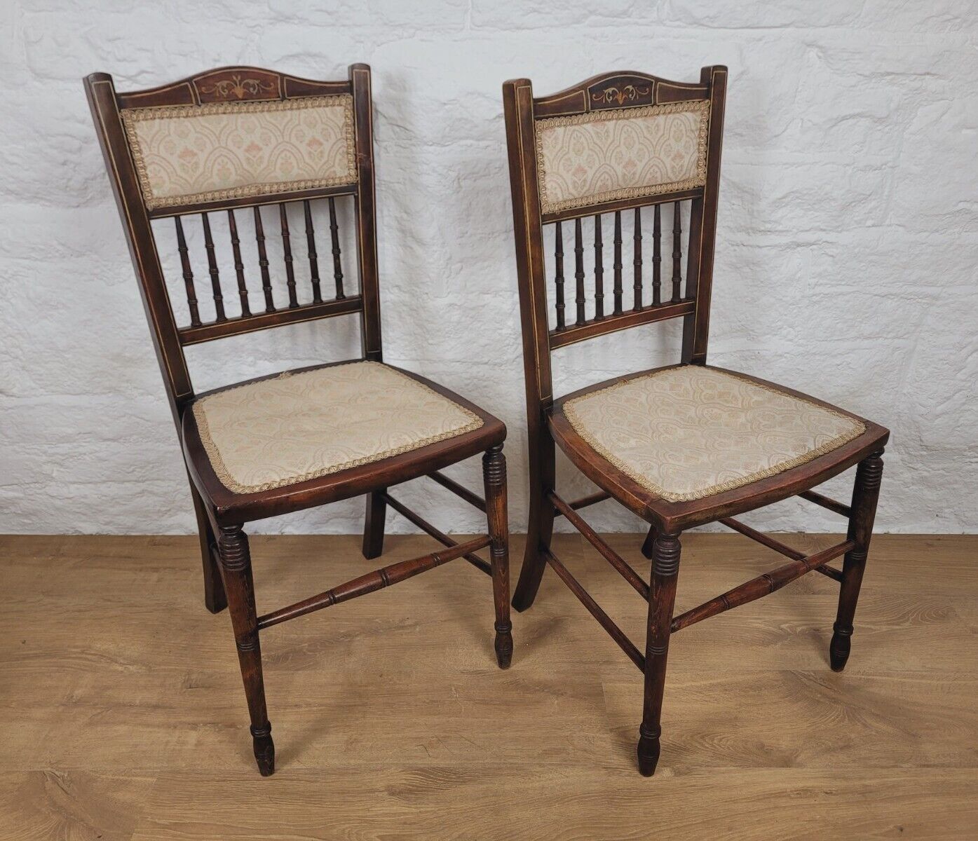 Victorian Inlaid Bedroom Chairs Pair Spindle Back Upholstered Postage Available