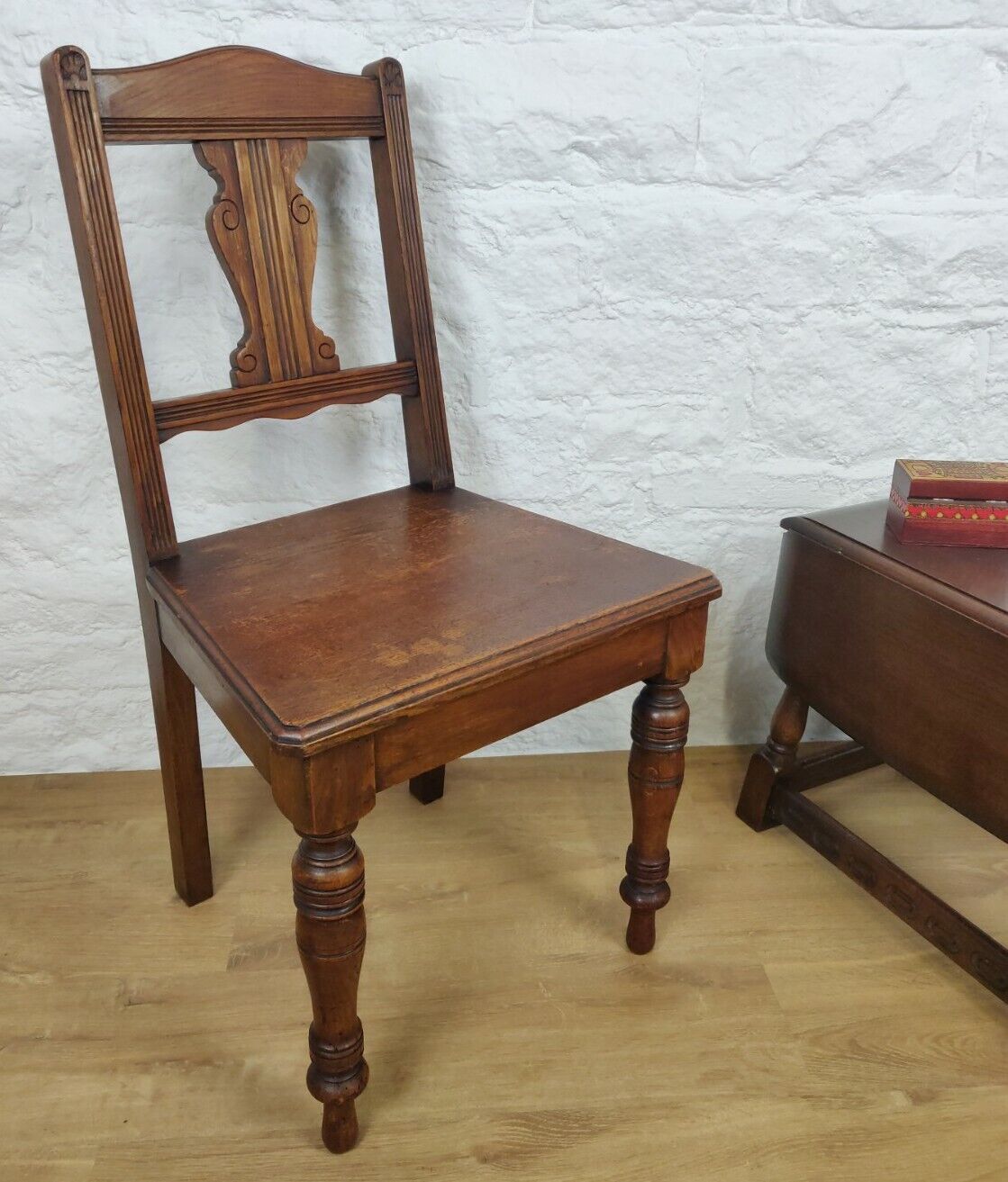 Edwardian Carved Hall Chair Floral Oak Scrolled Back Turned Postage Available