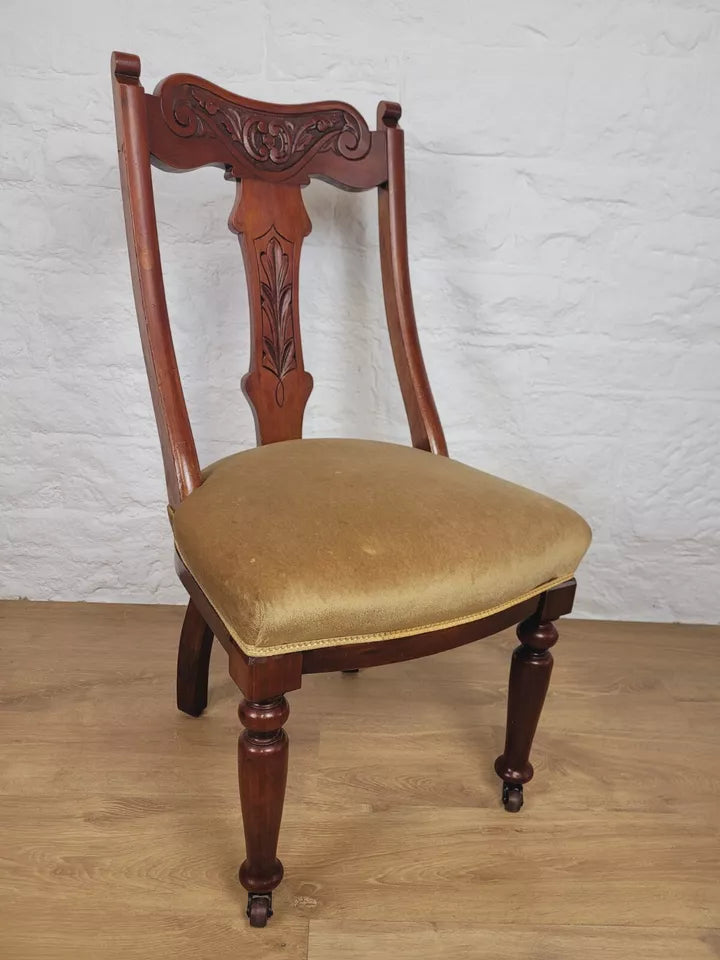 Victorian Dining Chairs Pair Carved Castor Sprung Seat English Postage Available