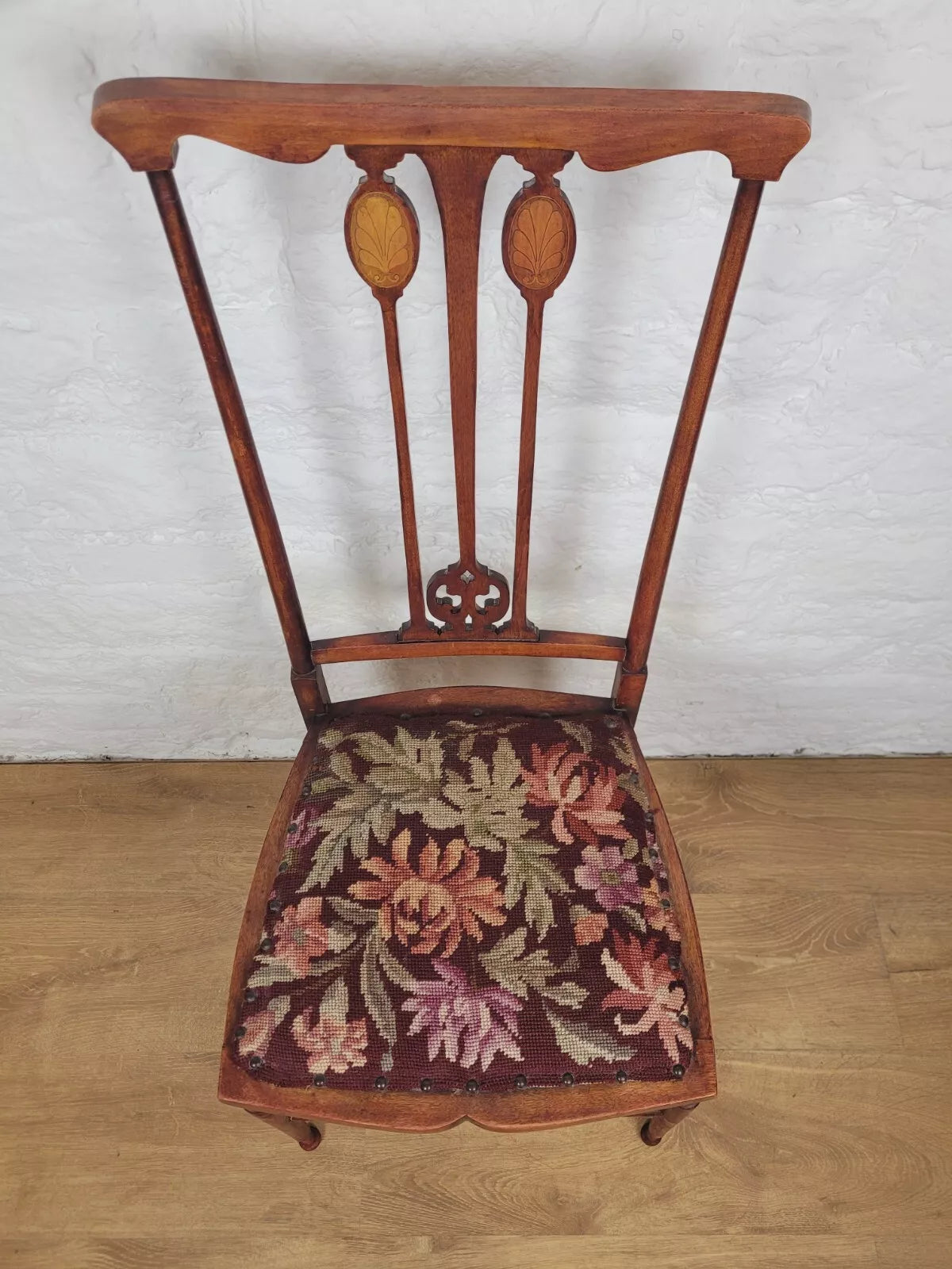 Edwardian Bedroom Chair Inlaid Motif Needlepoint Splatback Postage Available