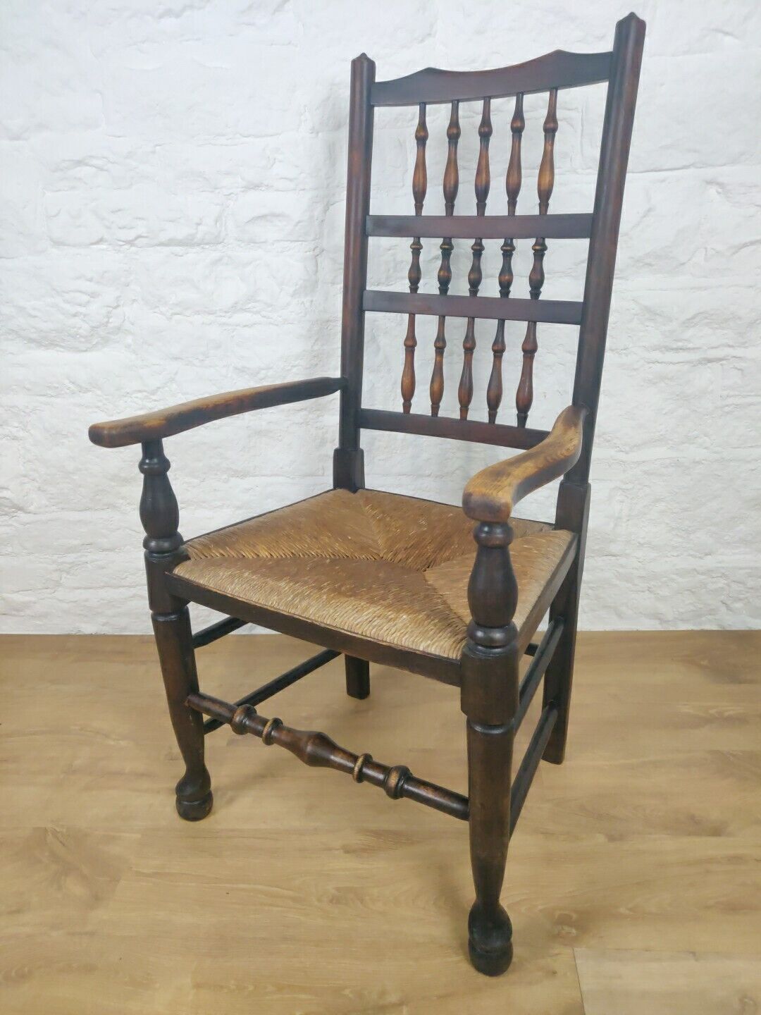 Elm Edwardian Armchair Rush Seat Spindle Back Country Antique Postage Available