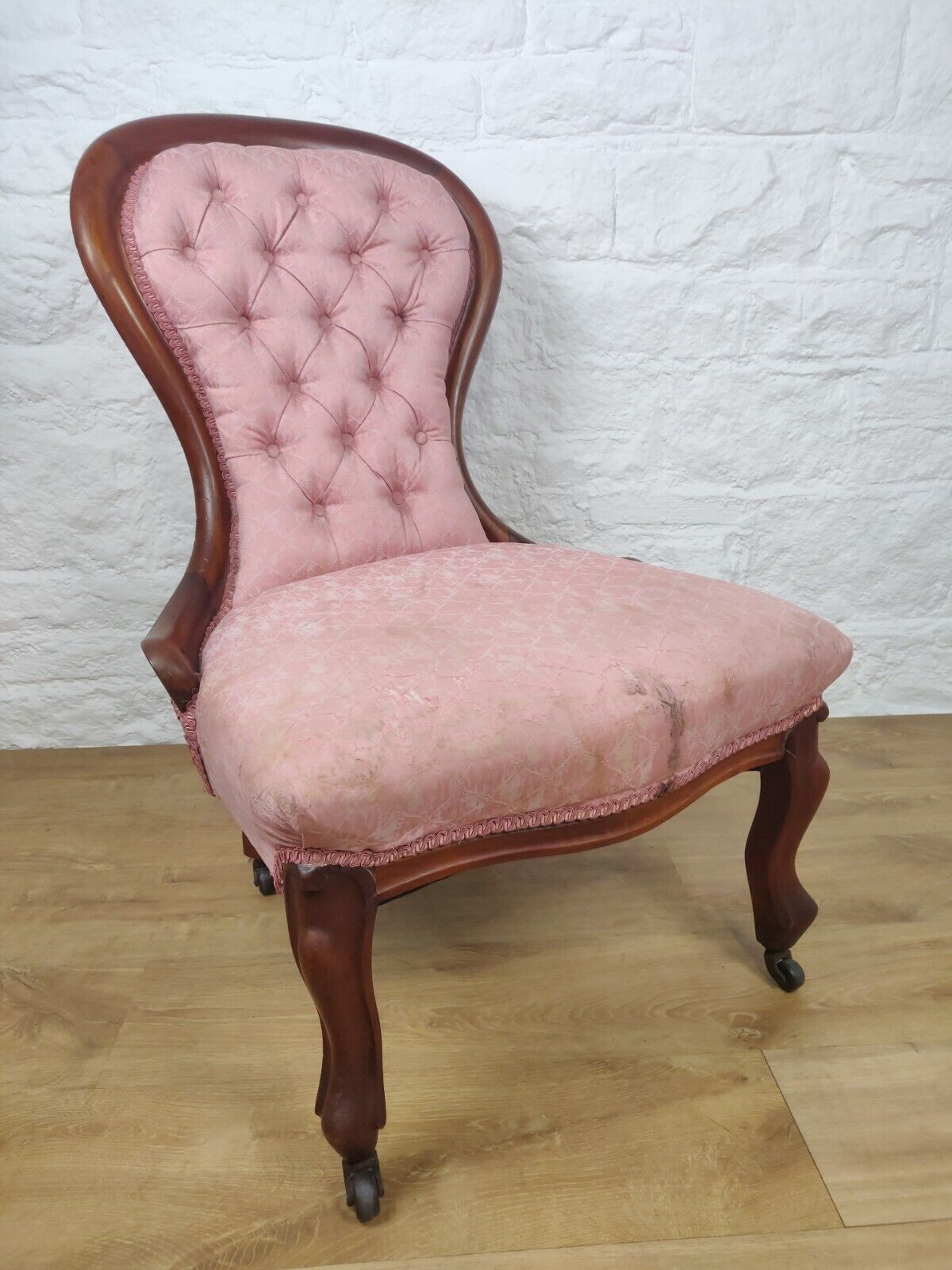 Victorian Nursing Chair Castors Button Back Pink Cabriole Legs Postage Available