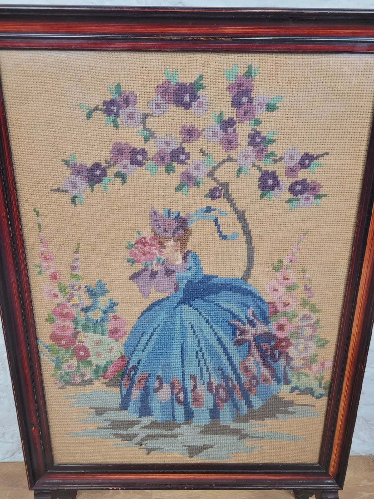 Victorian Fire Screen Needlepoint Lady 19th Century Mahogany Postage Available