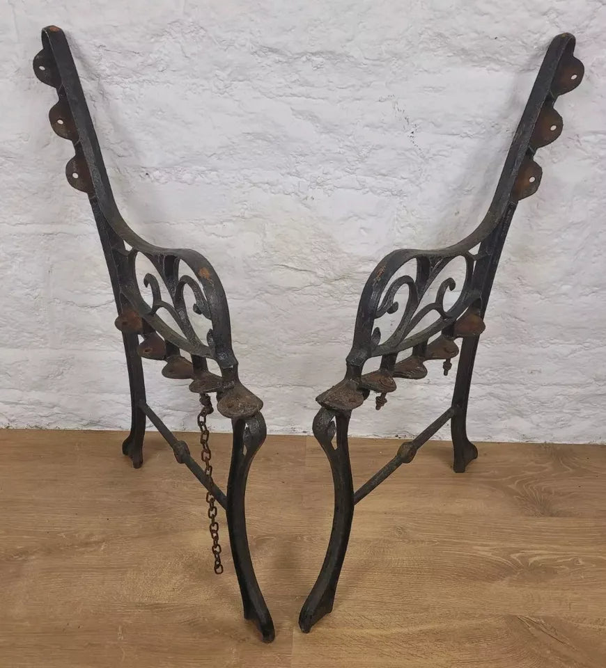 Victorian Bench Ends Pair Floral Cast Iron Salvage 19thC Postage Available