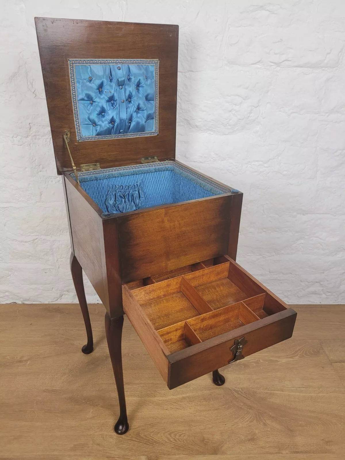 Victorian Sewing Box Blue Drawer Cabriole Legs Antique Postage Available