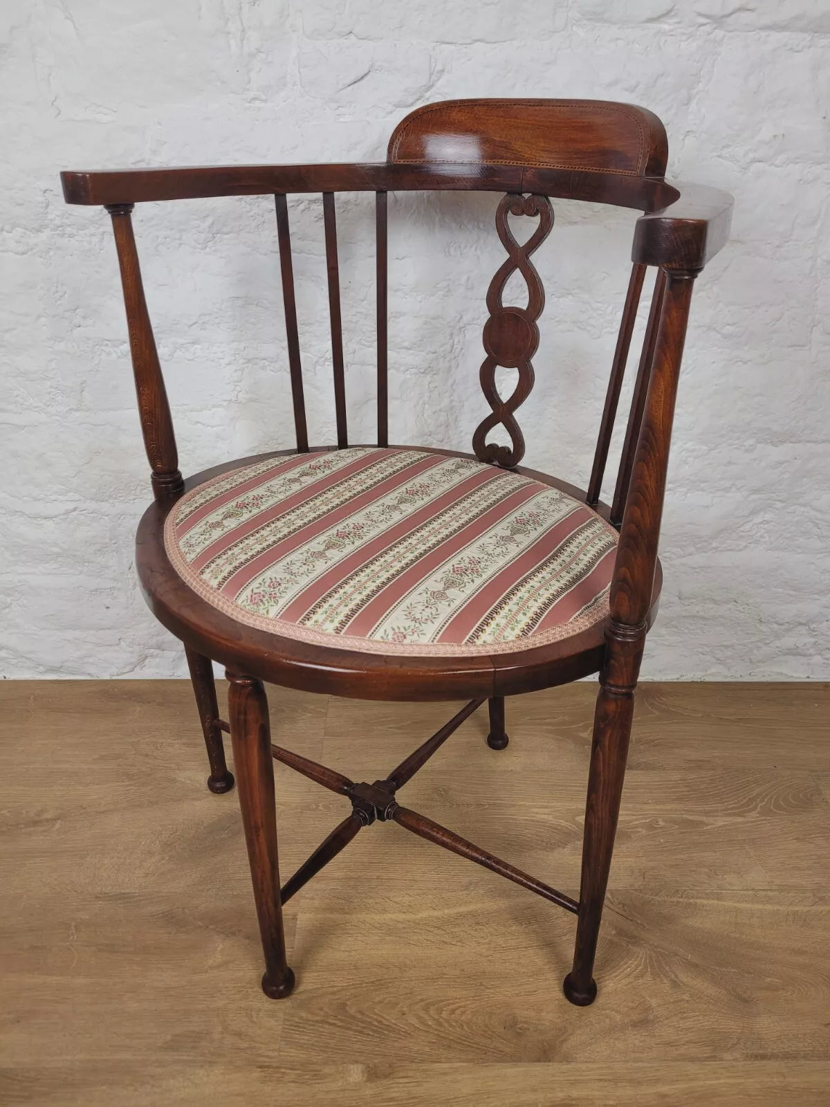 Edwardian Elbow Chair Inlaid Pierced Back Upholstered Postage Available