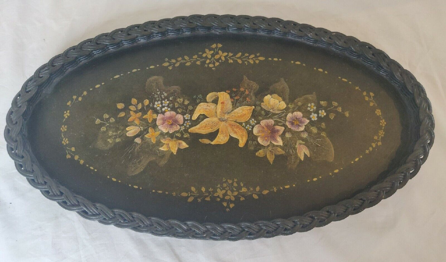 Hand Painted Tray Victorian Serving Black Lacquer Floral Postage Available