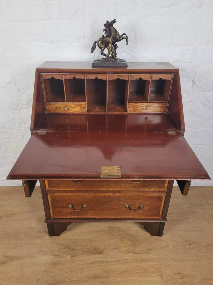 Edwardian Inlaid Writing Bureau Desk Shell Motif Mahogany Delivery Available