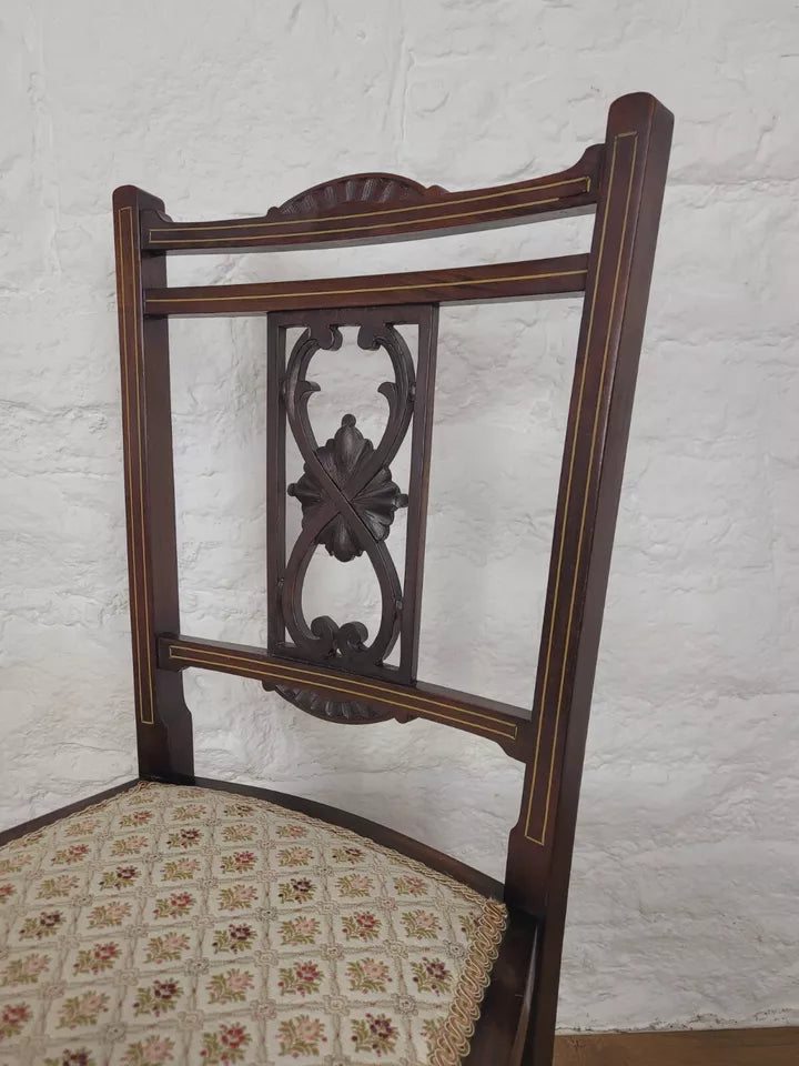 Edwardian Bedroom Chair Carved Splat Inlaid Floral Upholstered Postage Available