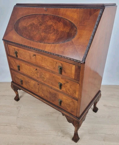 Walnut Writing Bureau Desk Vintage Leather Mid Century Carved Delivery Available